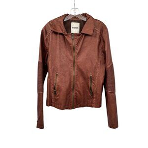 BB Dakota Womens Faux Leather Jacket Full Zip Brown Size Medium Pockets